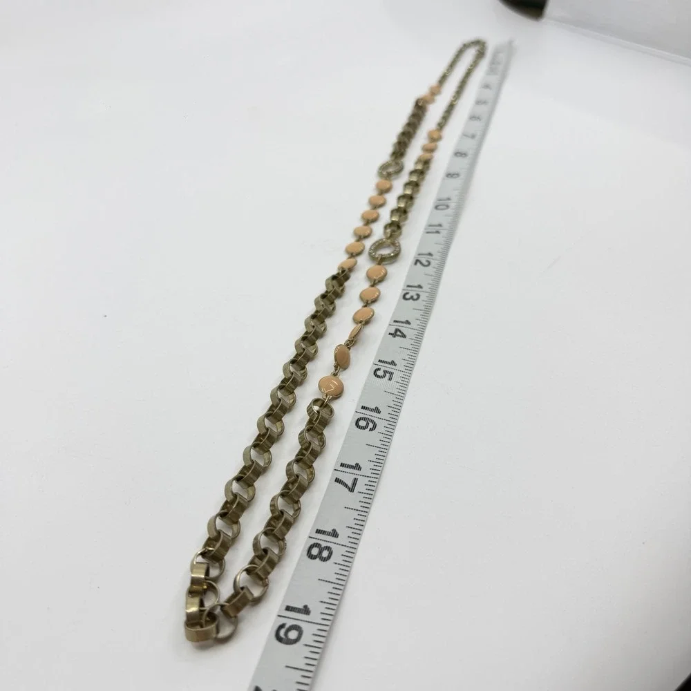 Antique Gold Tone Peach Enamel Rhinestone Long Chain Necklace Boho Statement